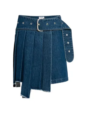 Women's Belted Pleated Denim...